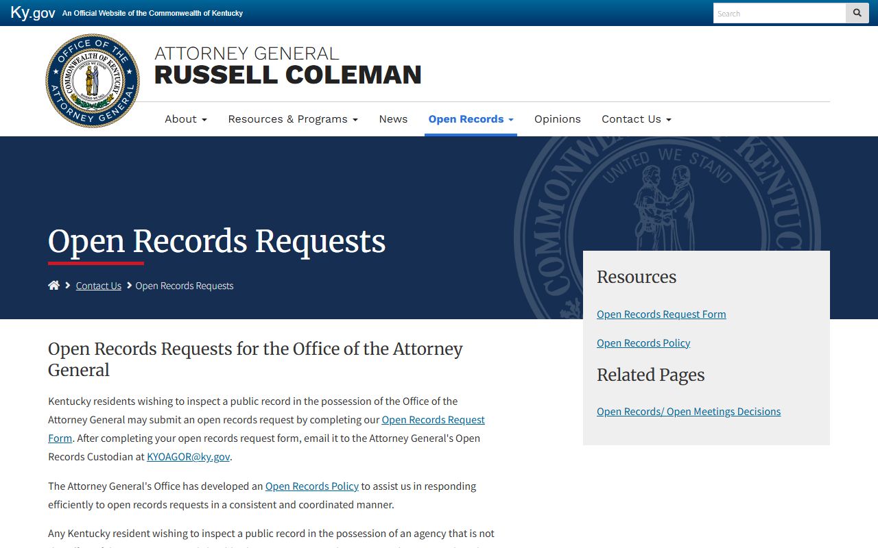 Breathitt County court records Kentucky Attorney General open records request guidance