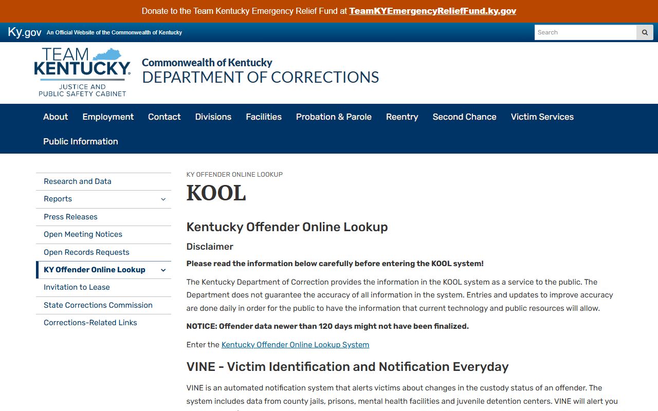 Breathitt County inmate search Kentucky DOC KOOL information page