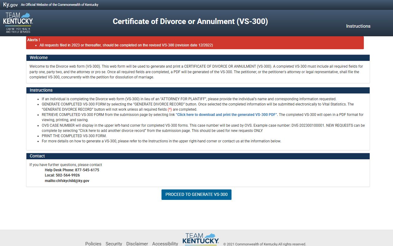 Breathitt County divorce records Kentucky VS-300 divorce form