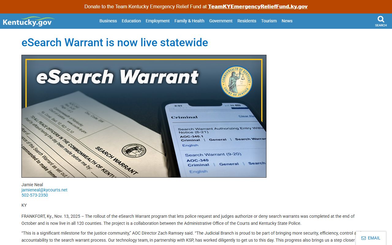 Breathitt County warrant search Kentucky eSearch Warrant statewide launch